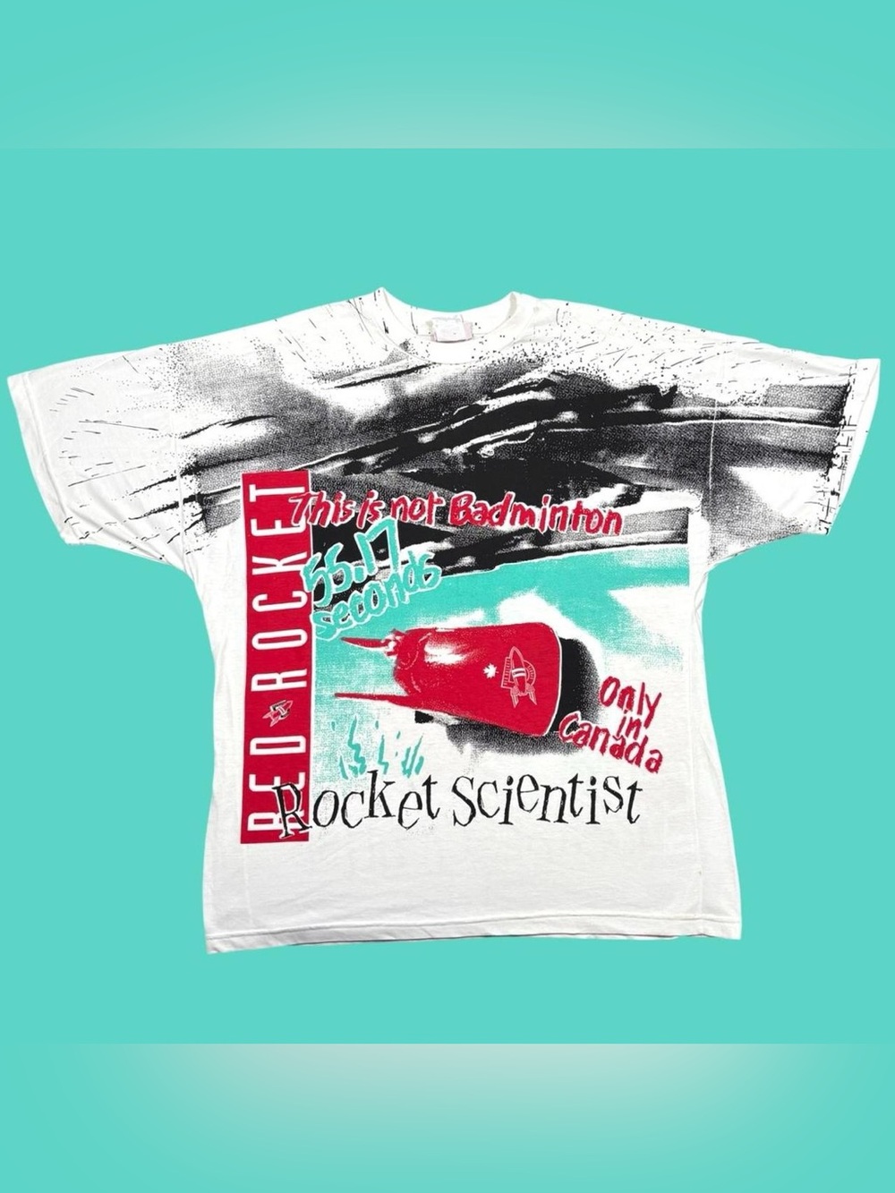 Vintage 90s Red Rocket Bobsled Canada Olympics All Over Print T Shirt XL Rare